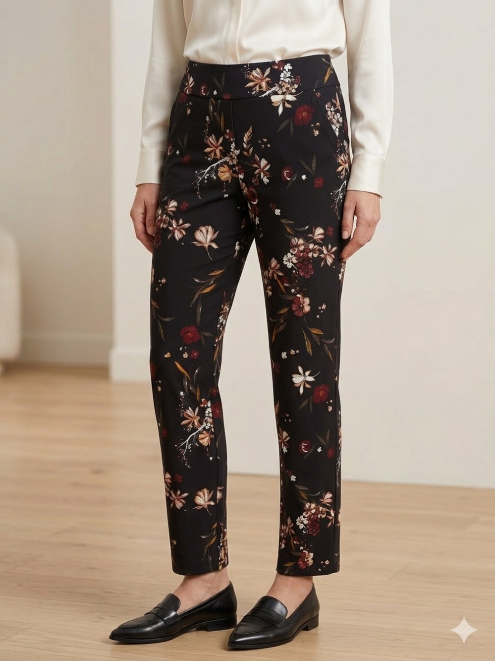Margaret M Black Floral Slimming
Tapered Ankle Trousers Small